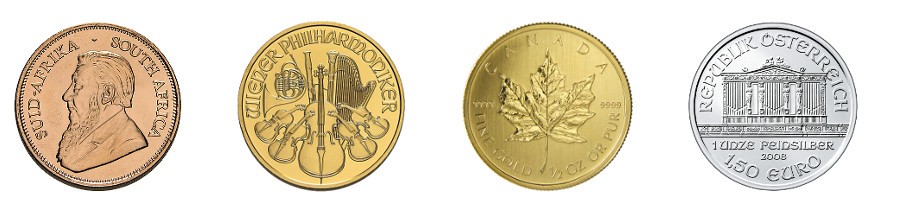 Goldmünzen Krügerrand, Wiener Philarmoniker, Canadian Maple Leaf und Silbermünze Wiener Philarmoniker nebeneinander
